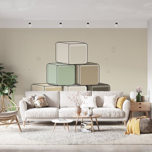 Un salon moderne avec un papier peint illustrant des cubes stylisés aux teintes douces sur un fond beige, créant une ambiance ludique et apaisante.