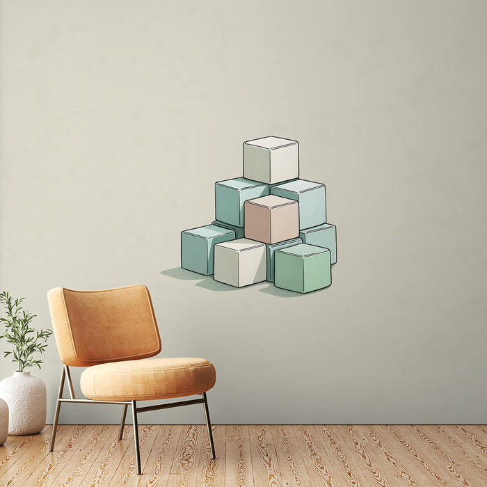 Une chambre moderne avec un papier peint illustrant des cubes pastel empilés, créant une ambiance ludique et apaisante.