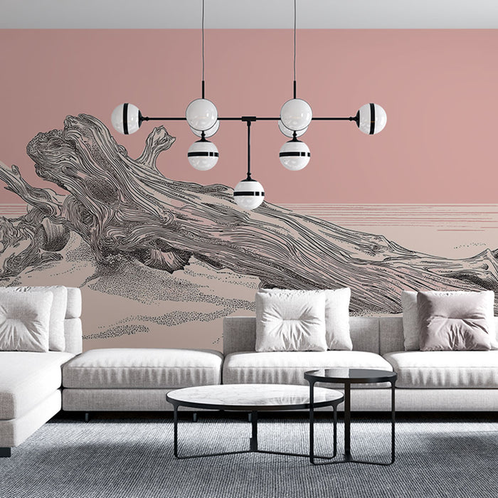 Un salon moderne avec un papier peint illustrant un tronc d'arbre stylisé sur fond rose, créant une ambiance artistique et chaleureuse.