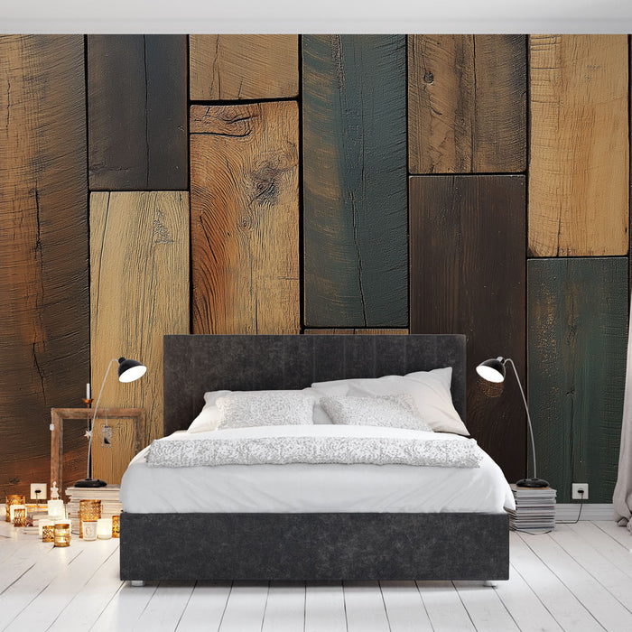 Papier peint bois multicolore avec panneaux en bois aux teintes naturelles et variées pour chambre moderne