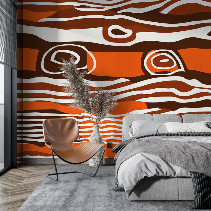 Papier peint bois stylisé avec motifs ondulés orange et marron pour chambre moderne