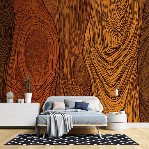 Une chambre moderne avec un papier peint imitant le bois aux teintes chaudes et aux motifs organiques, créant une atmosphère chaleureuse et naturelle.