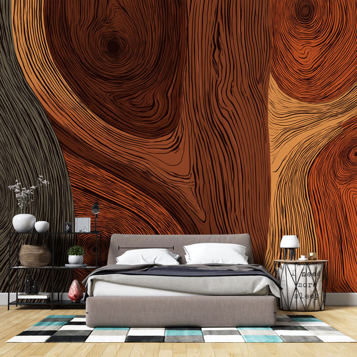 Une chambre moderne avec un papier peint imitant des motifs de bois aux teintes brunes et orangées, créant une ambiance chaleureuse et naturelle.