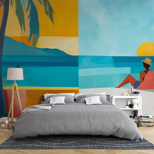 Une chambre moderne avec un papier peint coloré représentant une scène de plage stylisée, évoquant une ambiance estivale et relaxante.