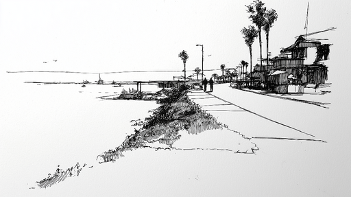 Papier peint bord de mer Croquis de promenade en bord de mer avec palmiers et vues marines