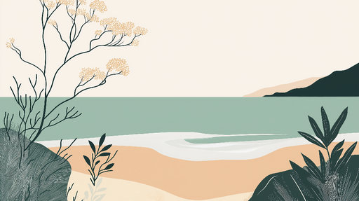 Papier peint bord de mer Design Minimaliste avec Plantes et Océan