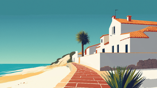 Papier peint bord de mer Maisons blanches et sentier en briques avec vue sur la plage