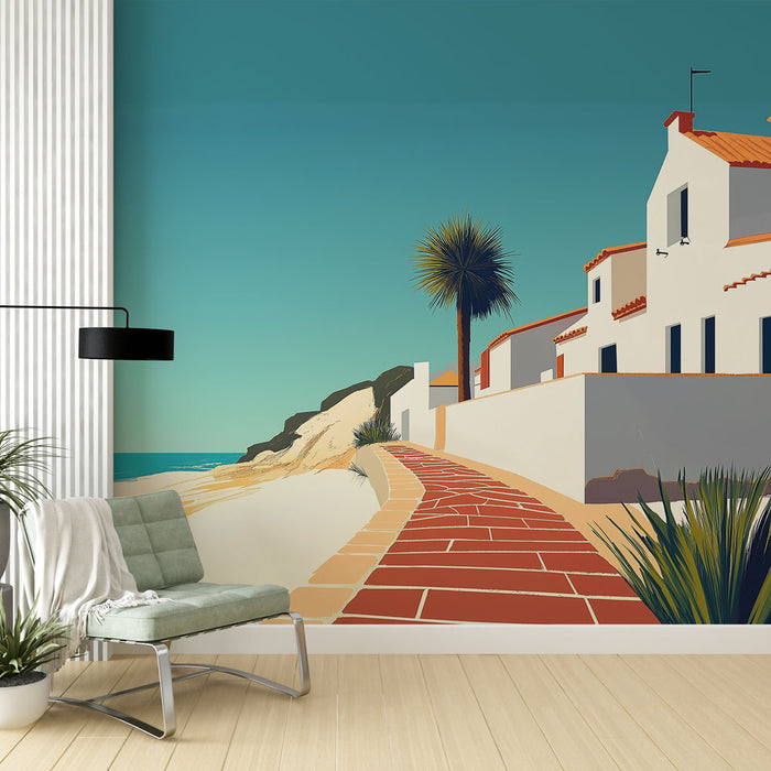 Une pièce moderne avec un papier peint illustrant un chemin en briques menant à des maisons blanches sous un ciel bleu, évoquant une ambiance estivale et apaisante.