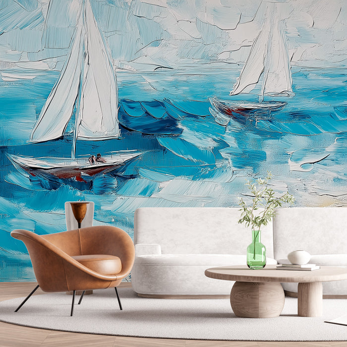 Une pièce moderne avec un papier peint artistique représentant des voiliers sur une mer turquoise, créant une ambiance sereine et inspirante.
