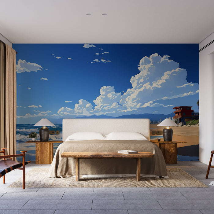 Une chambre lumineuse avec un papier peint représentant une plage ensoleillée, des nuages blancs et un ciel bleu, créant une atmosphère relaxante et estivale.