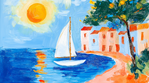 Papier peint bord de mer Scène estivale avec voilier et maisons colorées