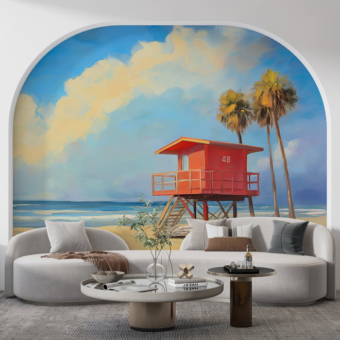 Un salon moderne avec un papier peint représentant une scène de plage colorée, mettant en avant un poste de secours rouge sous un ciel bleu et des palmiers, créant une ambiance estivale et vivante.