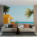 Un salon moderne avec un papier peint tropical représentant des palmiers et un paysage marin, évoquant une ambiance estivale et relaxante.