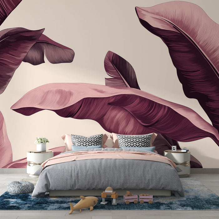 Papier peint Bordeaux | Feuilles élégantes dans des tons bordeaux et roses