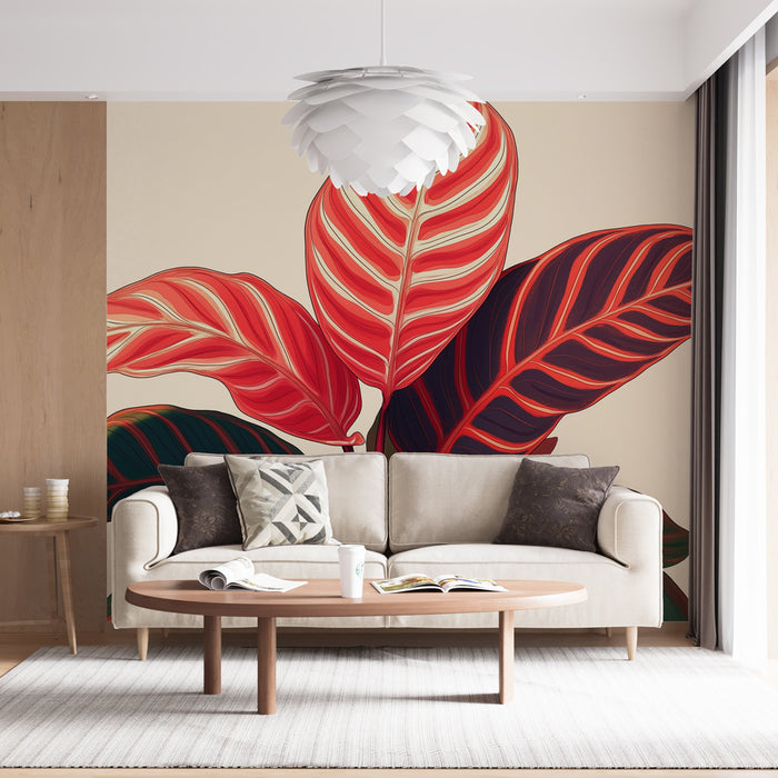 Papier peint Bordeaux | Feuilles tropicales aux teintes rouge et verte