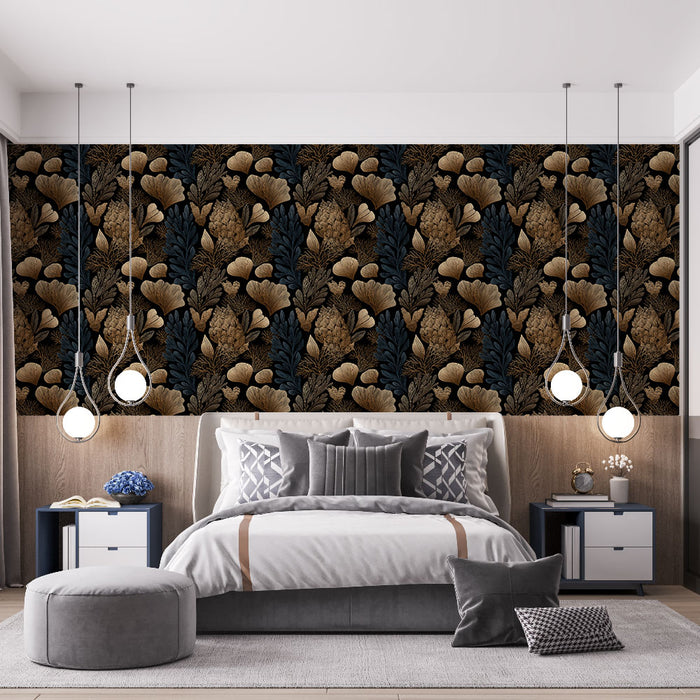 Une chambre moderne avec un papier peint floral aux motifs dorés et bleus sur fond noir, créant une atmosphère élégante et chaleureuse.