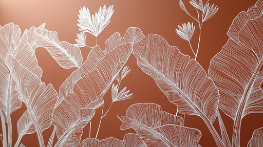 Papier peint botanique Feuilles blanches sur fond terracota