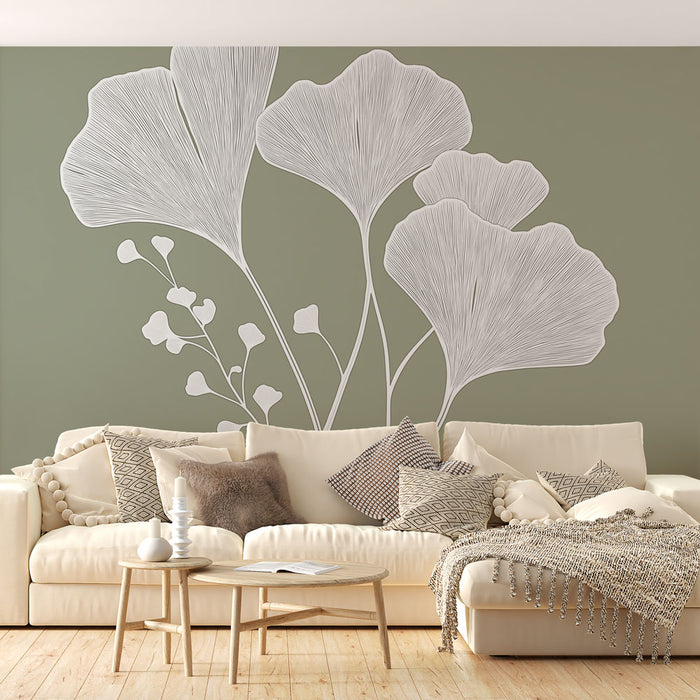 Papier peint botanique | Feuilles de Ginkgo stylisées sur fond vert