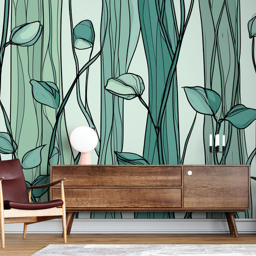 Une pièce moderne avec un papier peint aux motifs de feuilles stylisées dans des teintes vertes sur fond clair, créant une ambiance apaisante et naturelle.