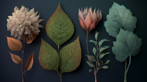 Papier peint botanique Feuilles et fleurs en relief aux couleurs douces