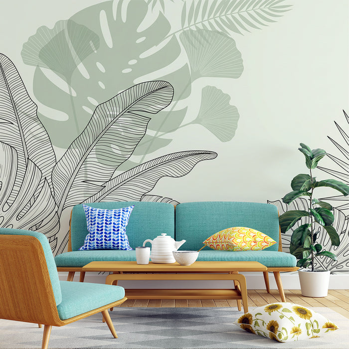 Une pièce moderne avec un papier peint tropical aux motifs de grandes feuilles graphiques sur fond clair, créant une ambiance fraîche et naturelle.