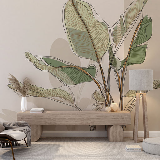 Une pièce moderne avec un papier peint représentant de grandes feuilles stylisées en vert et beige, créant une atmosphère naturelle et apaisante.