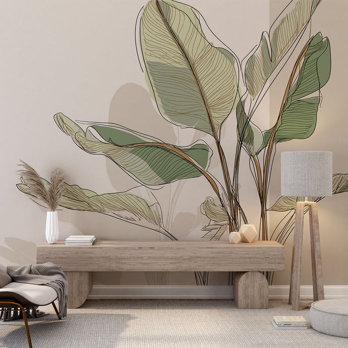 Une pièce moderne avec un papier peint représentant de grandes feuilles stylisées en vert et beige, créant une atmosphère naturelle et apaisante.