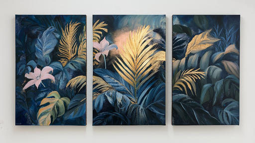 Papier peint botanique imitation tableau Feuilles dorées et fleurs délicates sur fond bleu nuit
