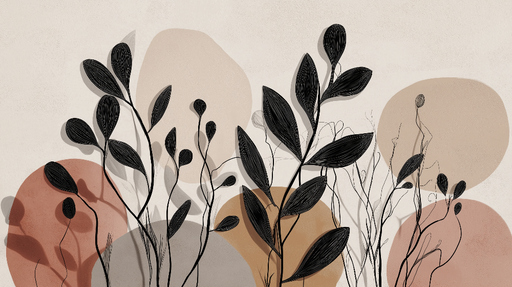 Papier peint botanique moderne Motifs de plantes noires sur fond neutre avec touches de couleur