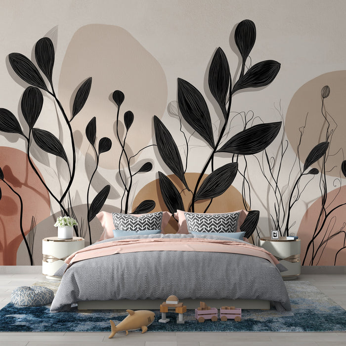 Une chambre moderne avec un papier peint artistique représentant des feuilles noires sur un fond aux teintes douces de beige et rose, créant une atmosphère chaleureuse et accueillante.
