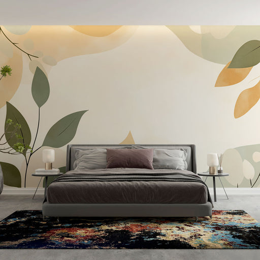 Papier peint botanique avec motif abstrait de feuilles aux teintes naturelles pour chambre moderne