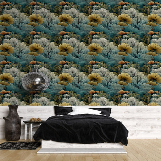 Une chambre moderne avec un papier peint floral aux teintes turquoise, beige et doré, créant une atmosphère apaisante et naturelle.