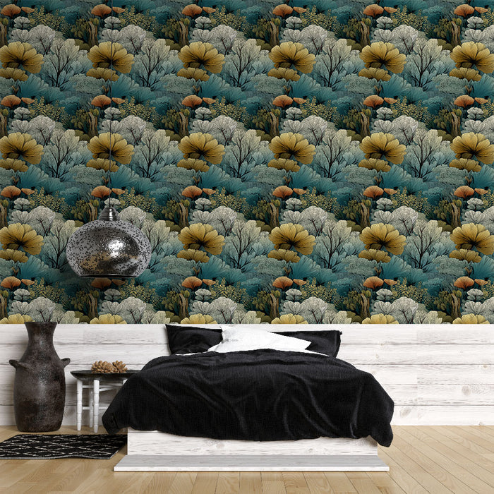 Une chambre moderne avec un papier peint floral aux teintes turquoise, beige et doré, créant une atmosphère apaisante et naturelle.