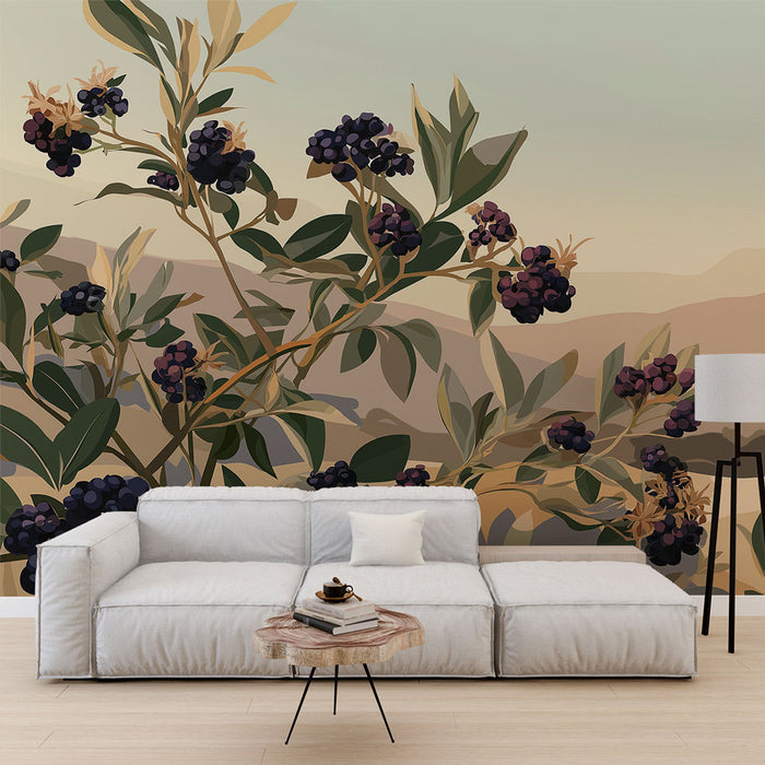 Une pièce moderne avec un papier peint représentant des branches de baies noires sur un fond aux teintes douces et naturelles, créant une atmosphère apaisante et chaleureuse.