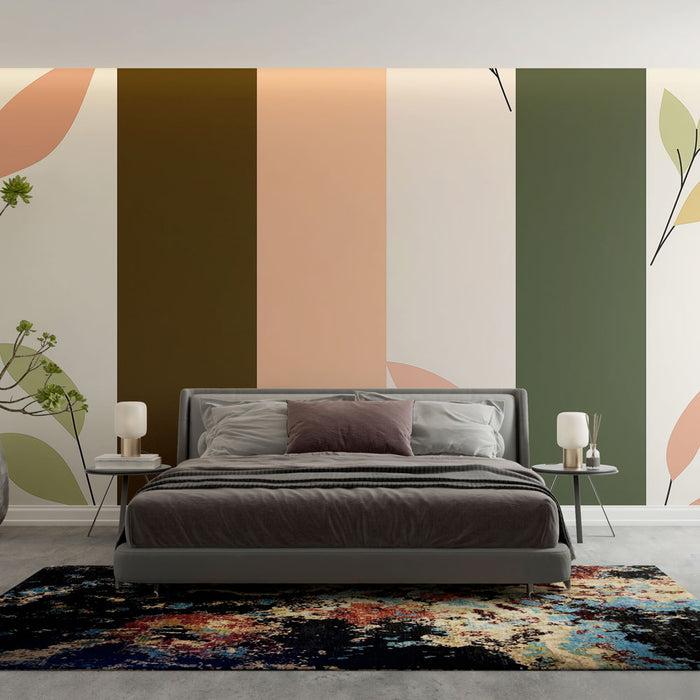 Papier peint botanique avec motif de bandes colorées et feuillage délicat pour chambre moderne