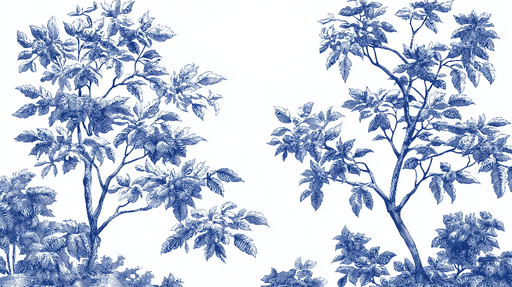 Papier peint botanique Motif de feuillage en bleu et blanc