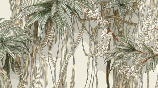 Papier peint botanique Motif de feuilles et de tiges délicates dans des nuances naturelles