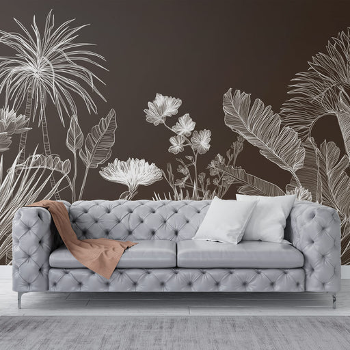 Un salon élégant avec un papier peint floral blanc sur fond marron, évoquant une ambiance naturelle et contemporaine.