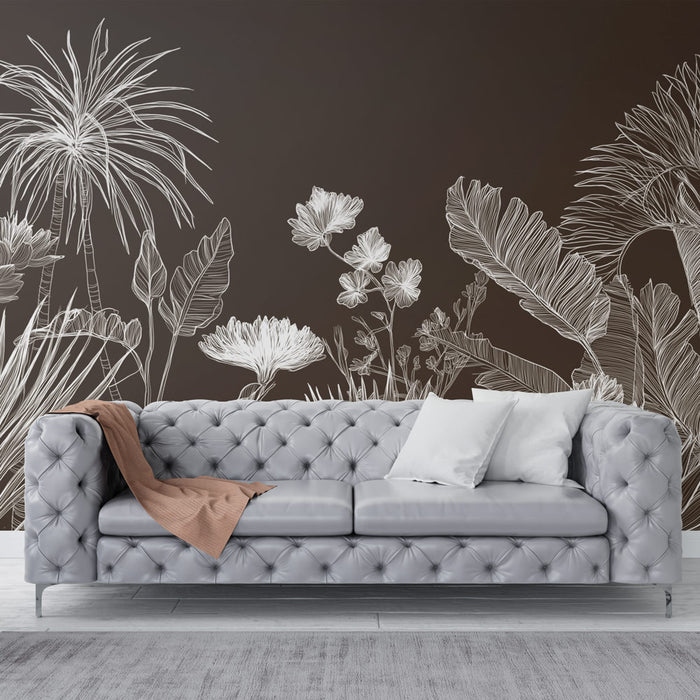 Un salon élégant avec un papier peint floral blanc sur fond marron, évoquant une ambiance naturelle et contemporaine.