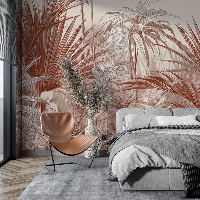 Papier peint botanique | Motif de plantes tropicales en nuances de terre