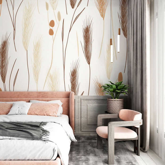 Papier peint botanique avec motif délicat de plantes aux tons neutres et naturels pour chambre moderne