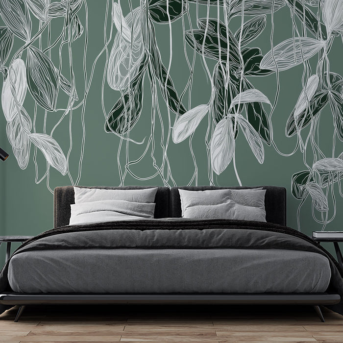 Papier peint botanique | Motif élégant de feuillage en lignes blanches sur fond vert