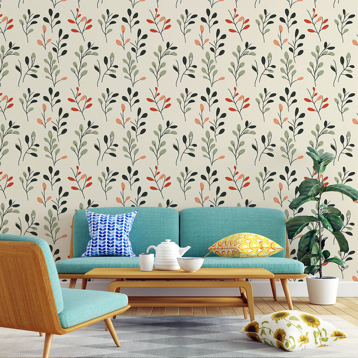 Un salon moderne avec un papier peint floral aux motifs délicats de feuilles vertes et fleurs rouges sur fond crème, créant une ambiance fraîche et accueillante.