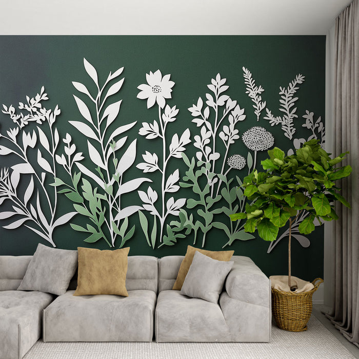 Papier peint botanique avec motif floral en papier découpé sur fond vert pour salon moderne