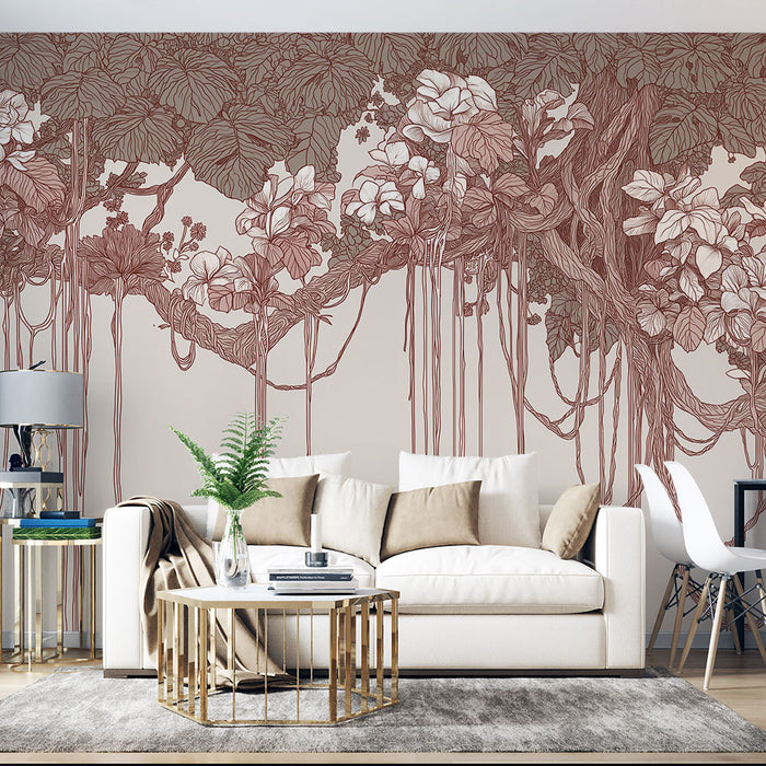 Papier peint botanique | Motif luxuriant de fleurs et de feuillage avec des racines délicates
