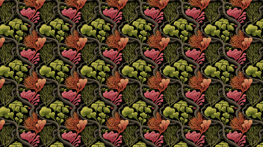 Papier peint botanique Motifs de coraux et feuillages colorés sur fond noir