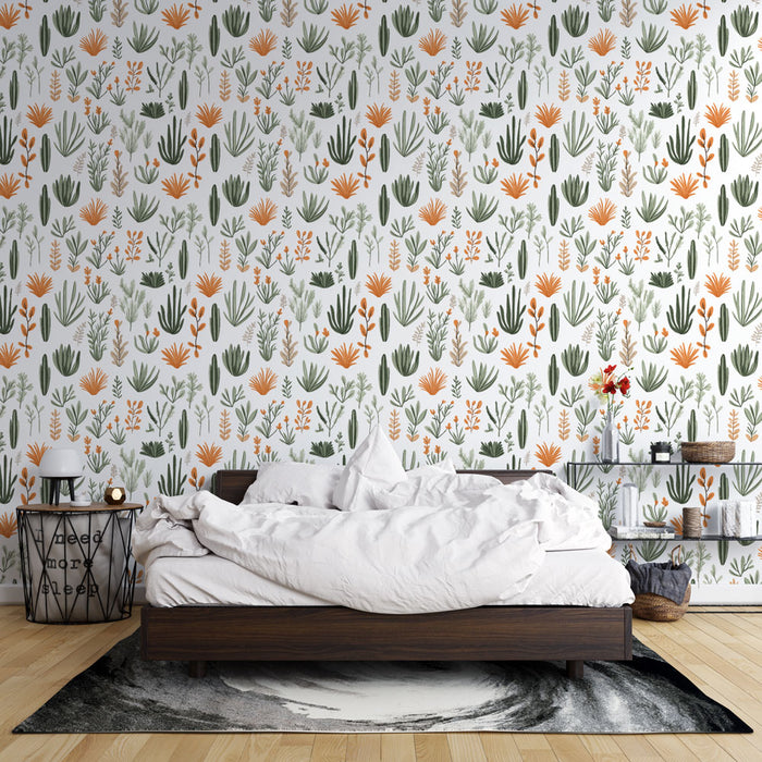 Une chambre apaisante avec un papier peint botanique aux motifs colorés de plantes vertes et fleurs orange sur fond blanc.