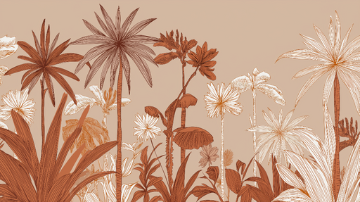 Papier peint botanique Motifs floraux et feuillus en harmonie de tons bruns et blancs