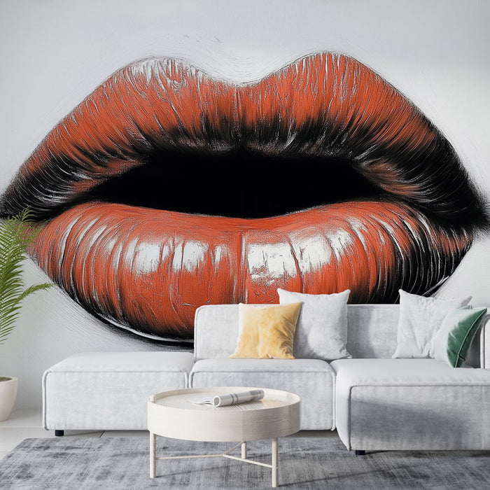 Papier peint graphique audacieux avec lèvres rouge-orange sur fond blanc pour salon moderne