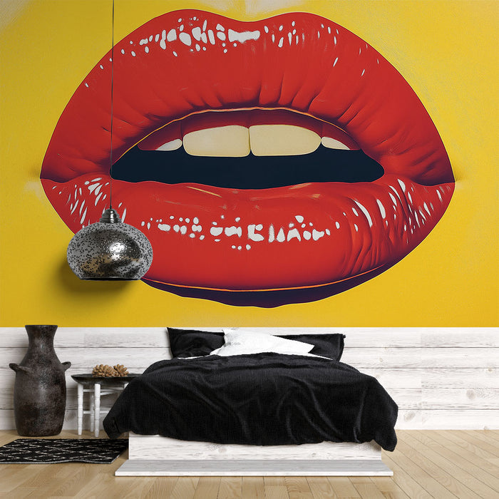 Papier peint bouche rouges | Éclat et style sur fond jaune vif